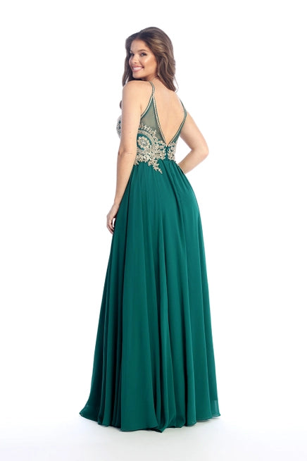 Anny Lee Fit and Flair Formal Dress with Gold Applique.