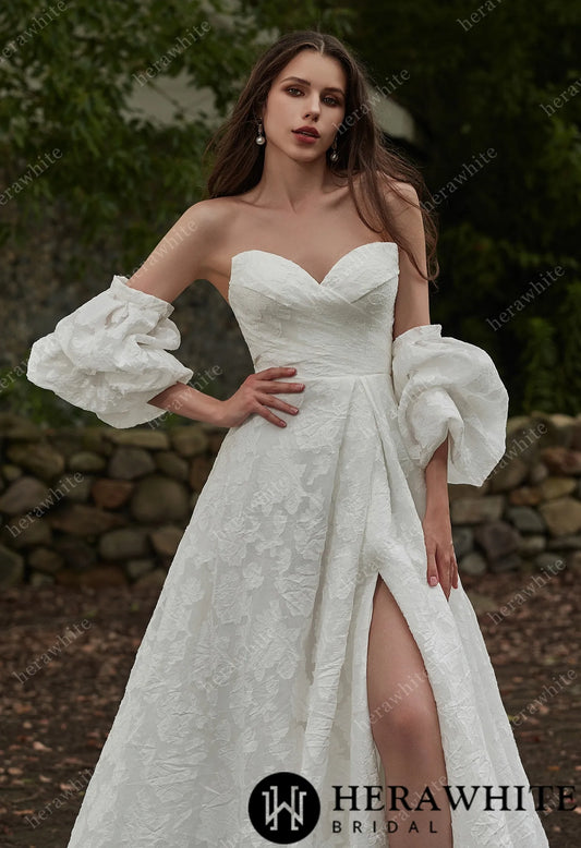 Jacquard Organza Puff Sleeves Grace Slit And Sweetheart Wedding Dress.