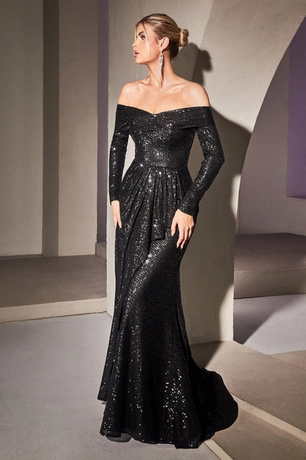 Sequin Off the Shoulder Long Sleeve Gown By Ladivine