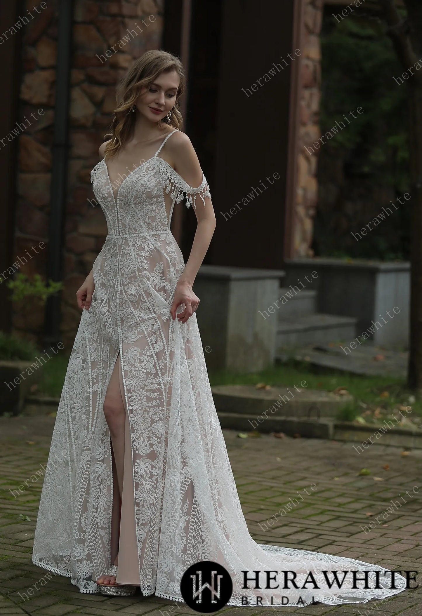 Model wearing a Beach Bohemian Lace Plunge Neckline Wedding Dress