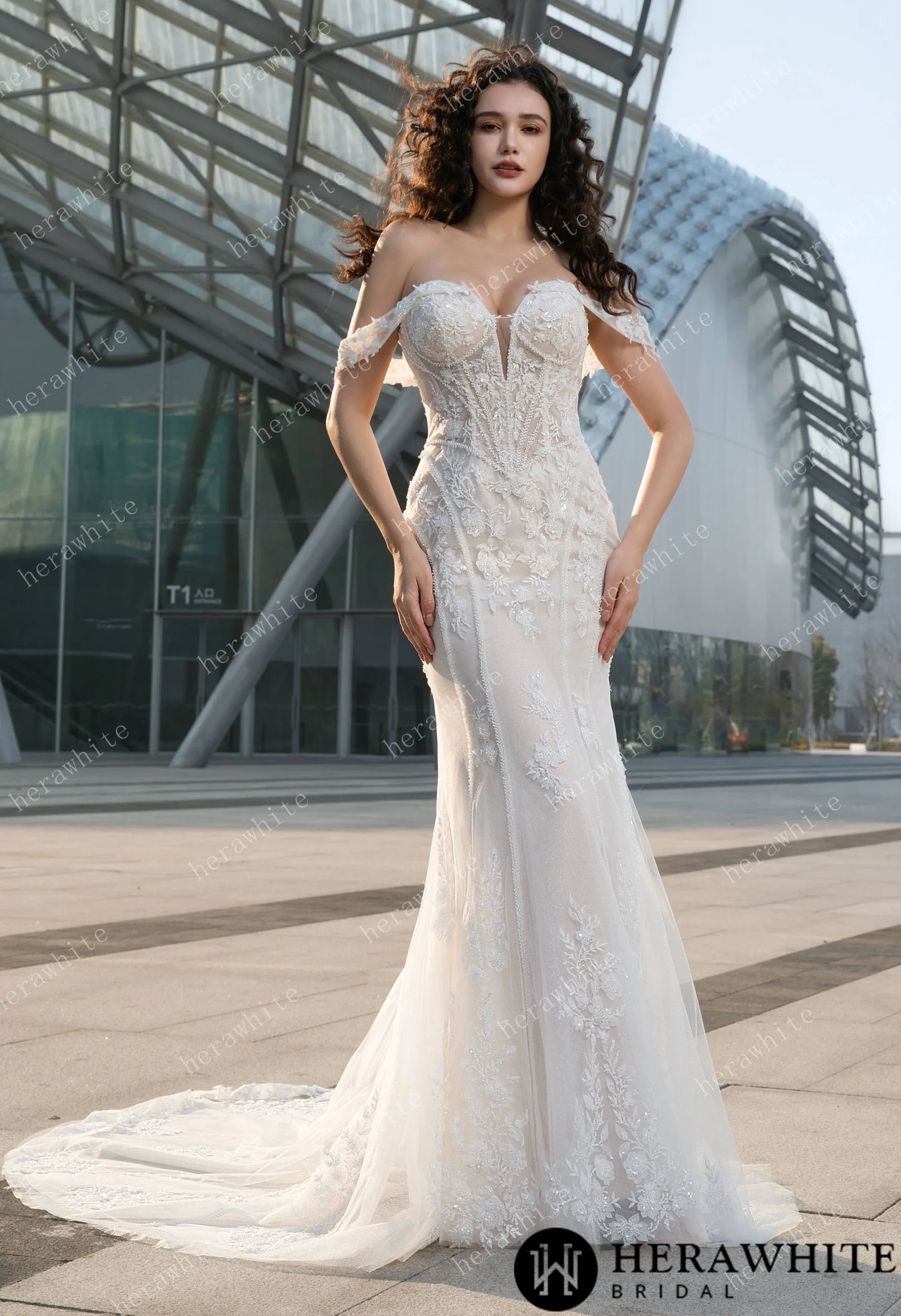 Jasmine Fit-and-Flare Wedding Gown | Off-the-Shoulder Lace & Tulle Train