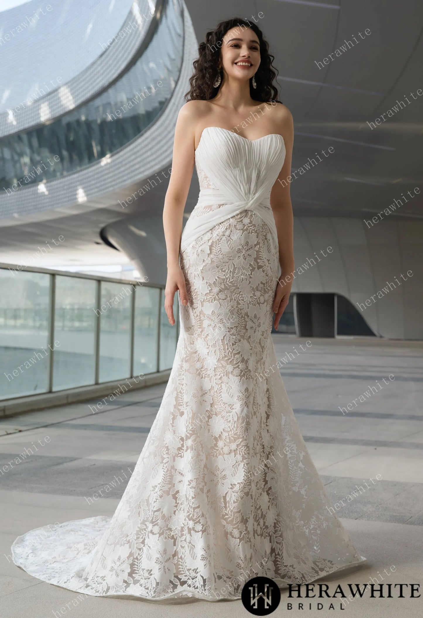 Bride wearing the Ruth- Pleated Mermaid Wedding Dres