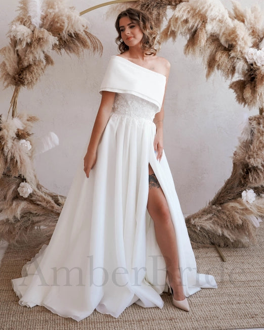 Two Piece A Line Wedding Dress with One Shoulder and Bow