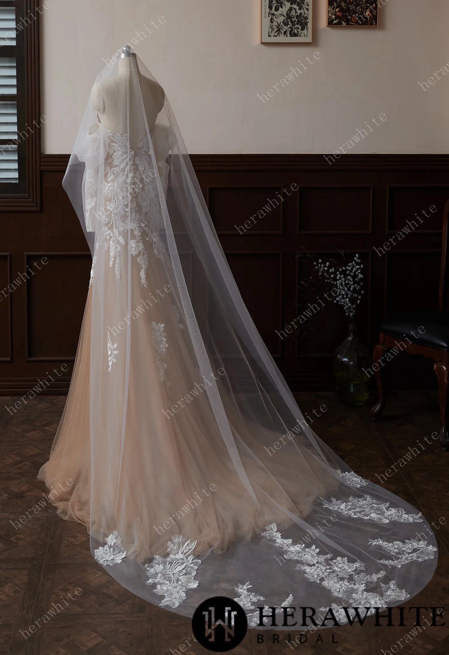Cathedral-Length Whimsical Lace Bridal Veil With Vintage-Vibes
