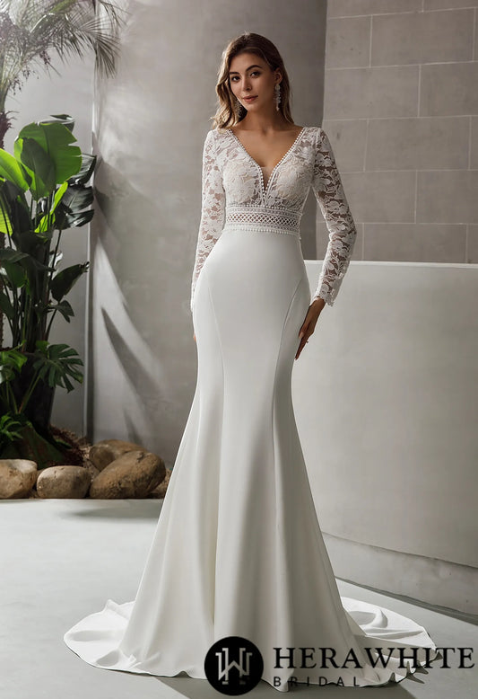 model wearing Boho Mermaid Long Sleeve Plunging V-neck Wedding Dress