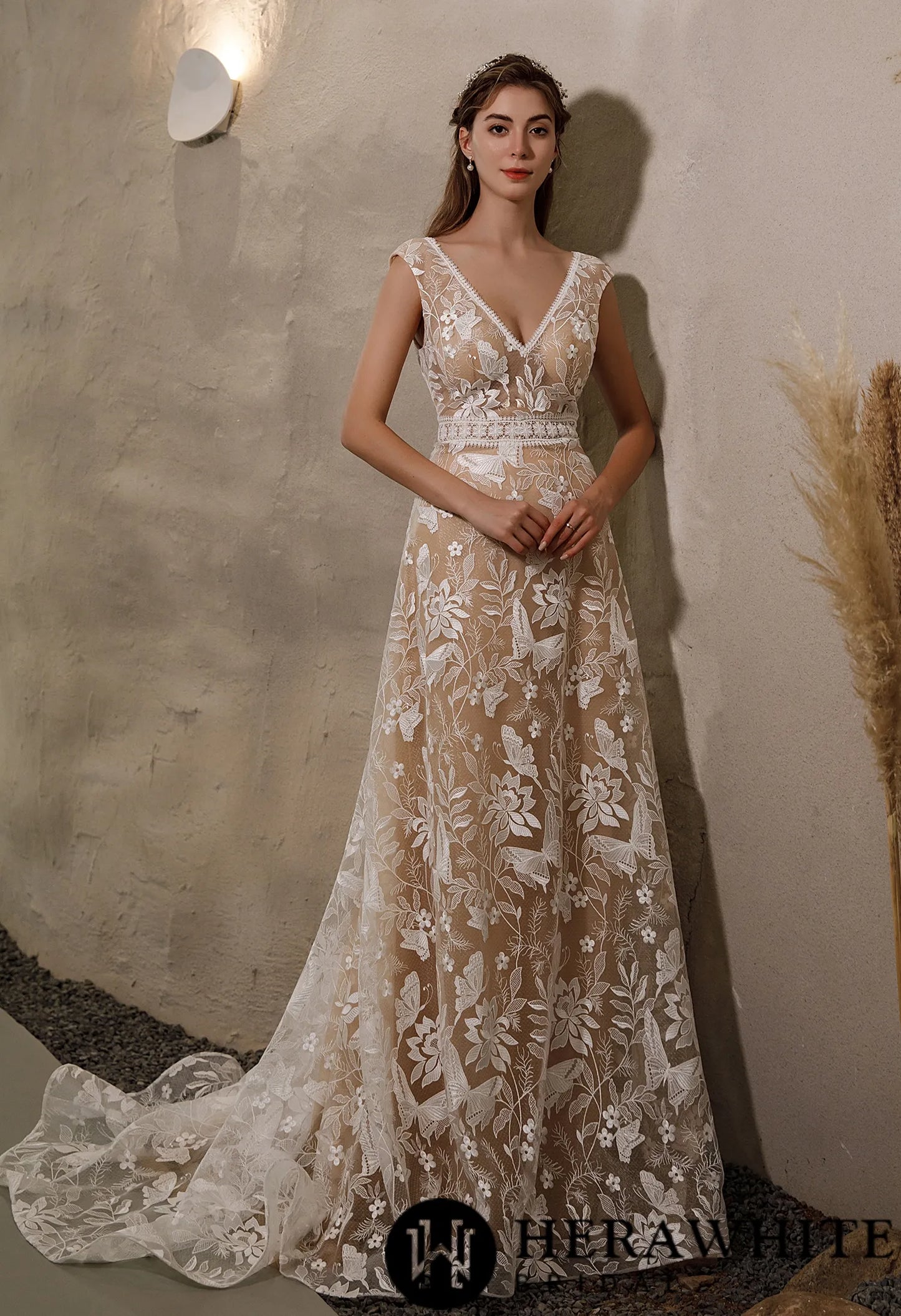 The Vivian Gown | Luxurious Boho Illusion Cap Sleeve Wedding Dress