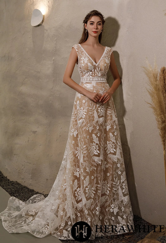 Luxurious Boho Illusion Lace Cap Sleeve Wedding Dress