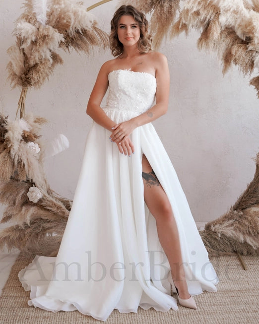 Two Piece A Line Wedding Dress with One Shoulder and Bow
