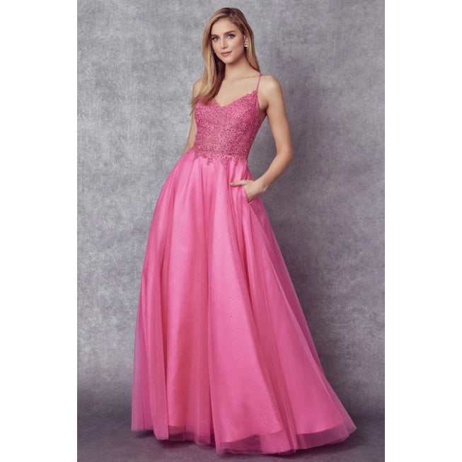Embroidered Sparkle Tulle and Stones Accents Prom Ball Gown