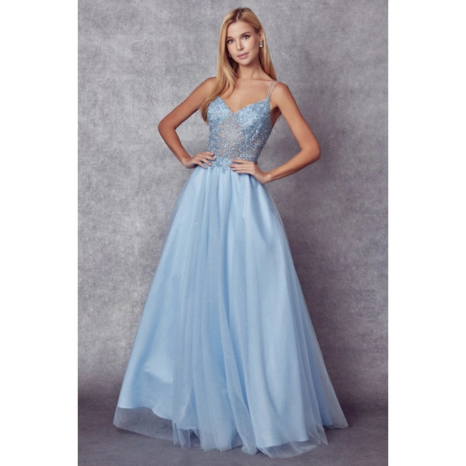 Embroidered Sparkle Tulle and Stones Accents Prom Ball Gown