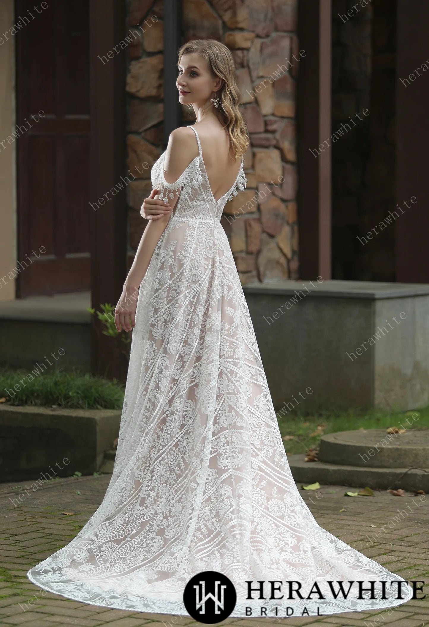 Beach Bohemian Lace Plunge Neckline Wedding Dress
