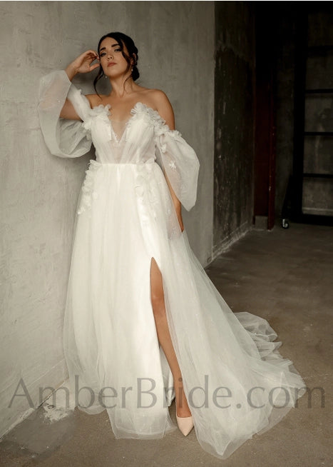 Rustic A Line Off the Shoulder Floral Tulle Wedding Dress