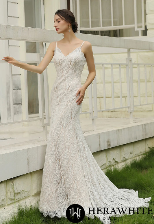 Sheath spaghetti strap wedding dress