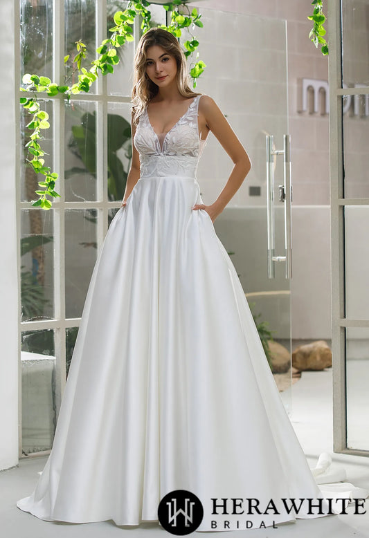 Illusion Bodice Satin A-line Bridal Gown With Pockets