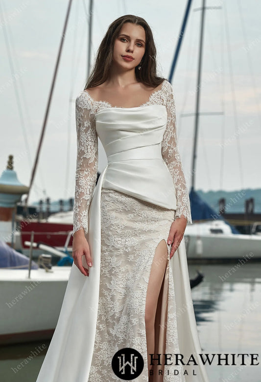 Model wearing the Unique Satin Cover and Lace Sheath Wedding Gown