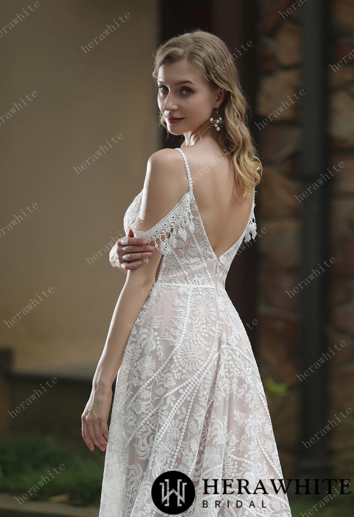 Beach Bohemian Lace Plunge Neckline Wedding Dress