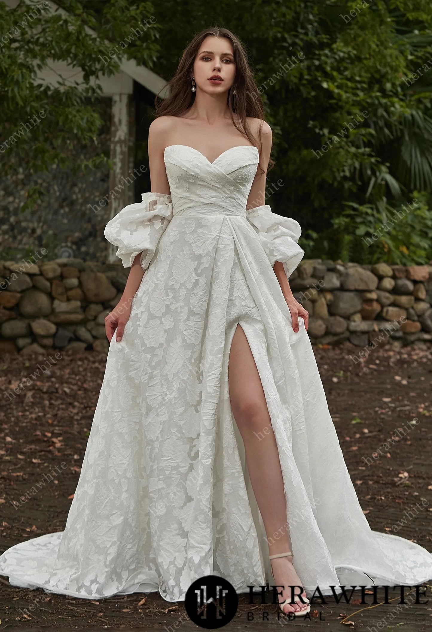 Jacquard Organza Puff Sleeves Grace Slit And Sweetheart Wedding Dress.