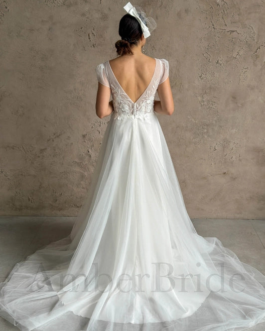 Boho A-Line Tulle Wedding Dress with Floral-Polka Dot Design