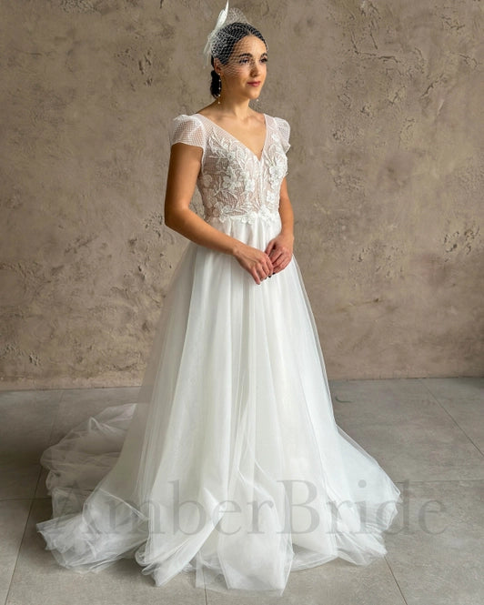 Boho A-Line Tulle Wedding Dress with Floral-Polka Dot Design