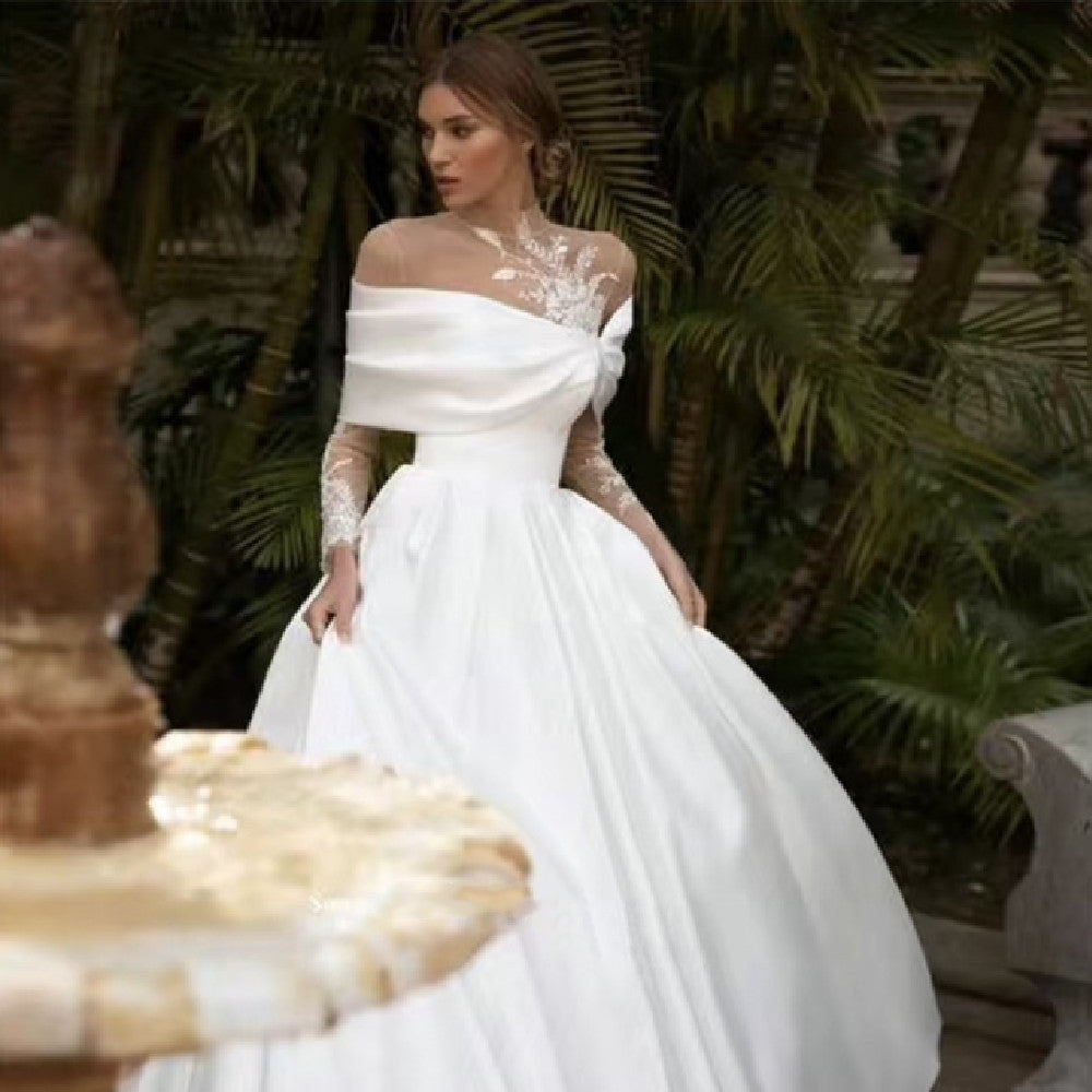 DeAnna satin wedding ball gown with lace sleeves”