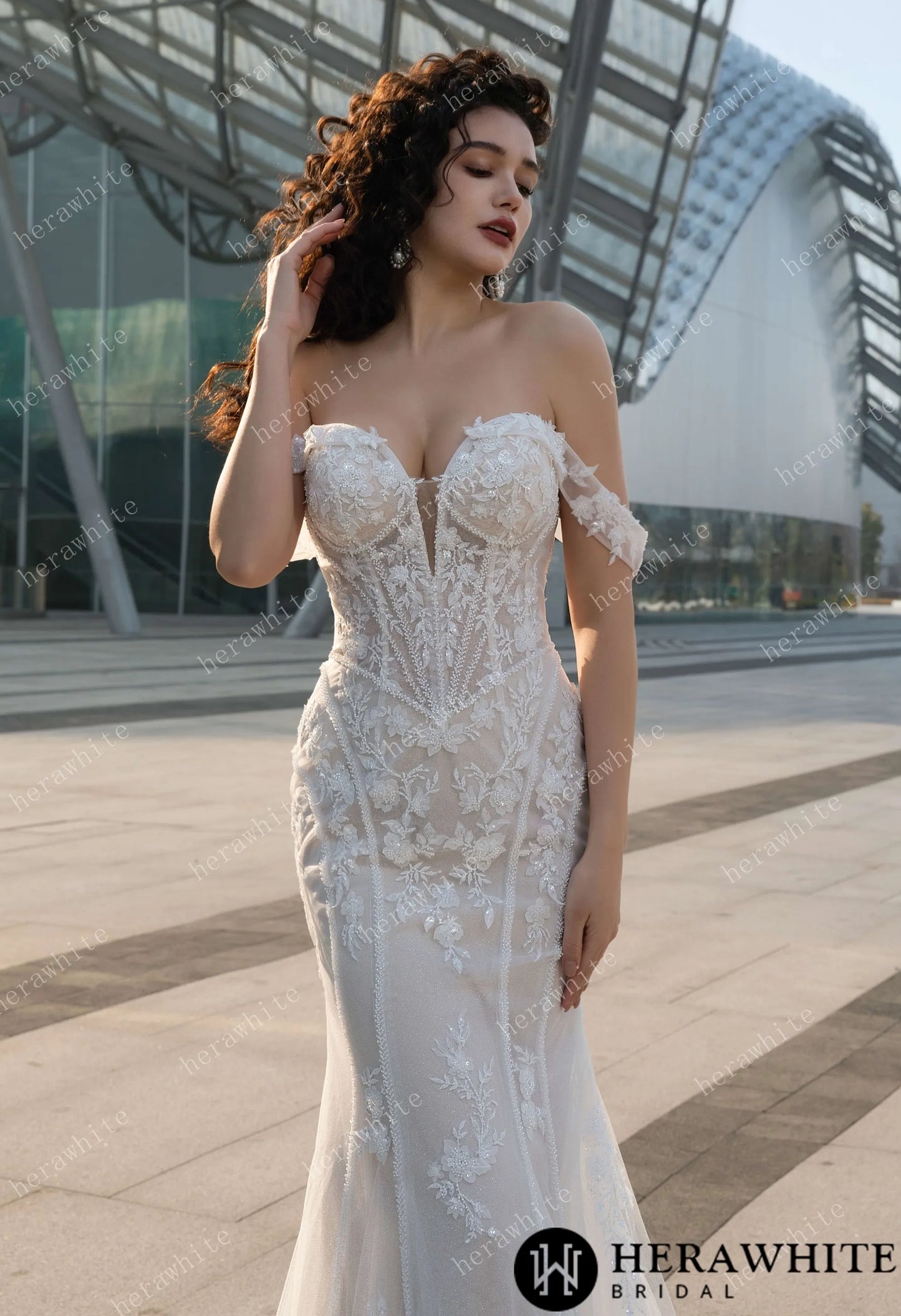 Bride wearing the Jasmine Fit-and-Flare Wedding Gown | Off-the-Shoulder Lace and sweetheart neckline
