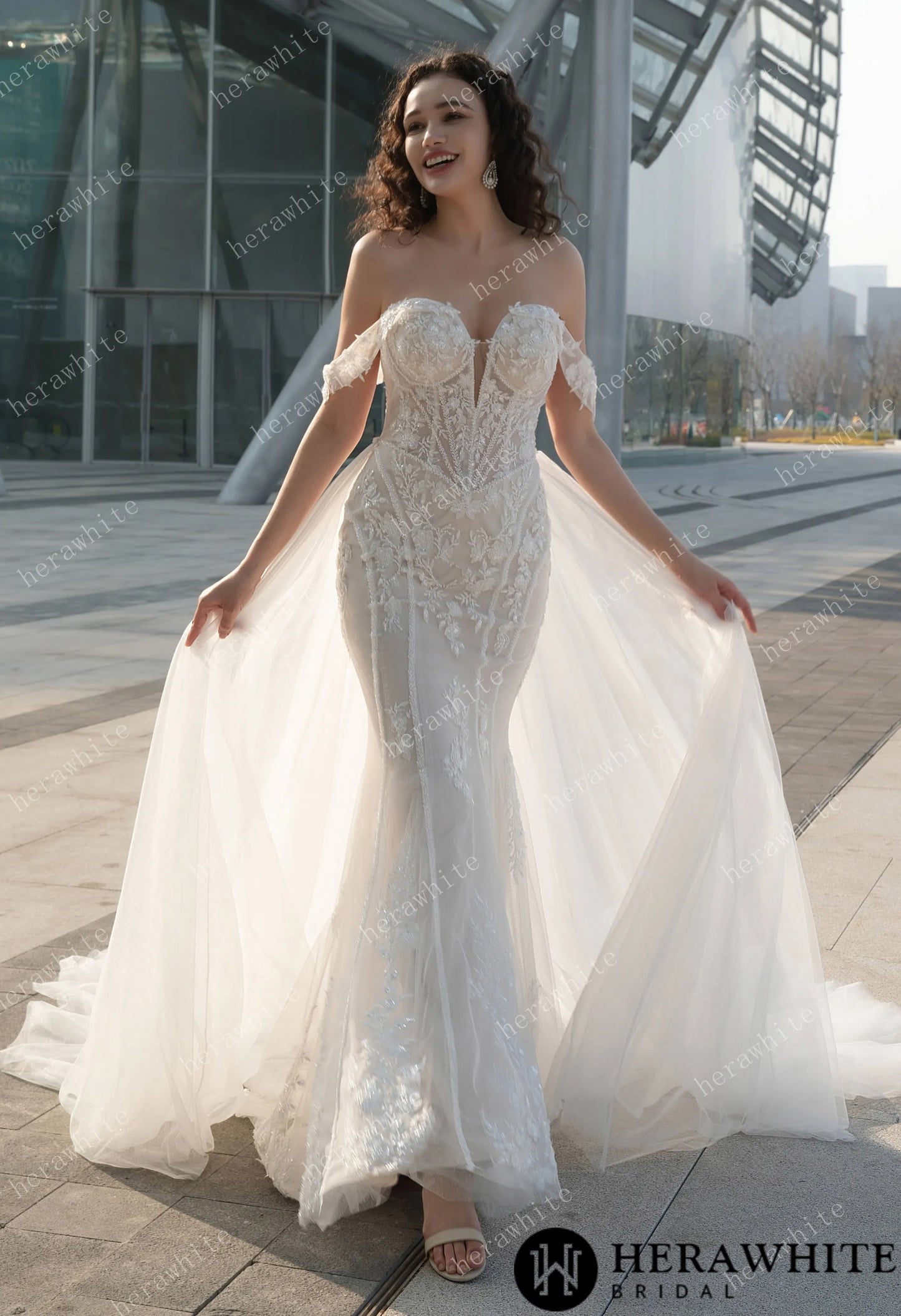 Jasmine Fit-and-Flare Wedding Gown | Off-the-Shoulder Lace & Tulle Train