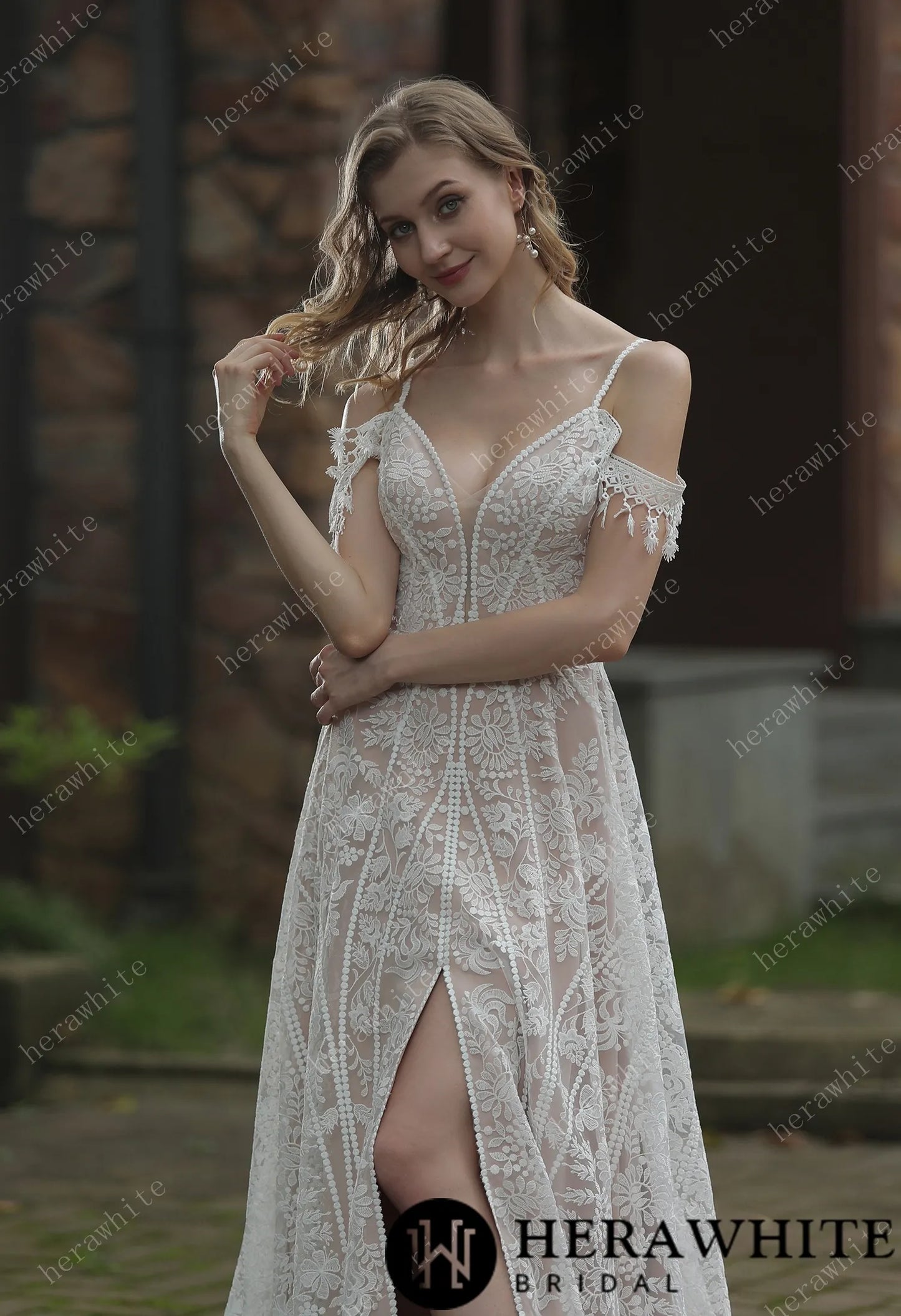 Beach Bohemian Lace Plunge Neckline Wedding Dress