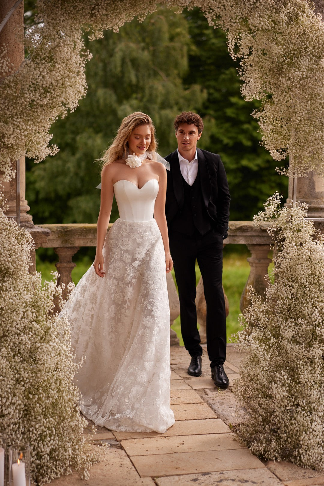 Aura Bridal Dress – Satin Corset A-Line Gown with Lace Overskirt by Nataliya Vilchuk
