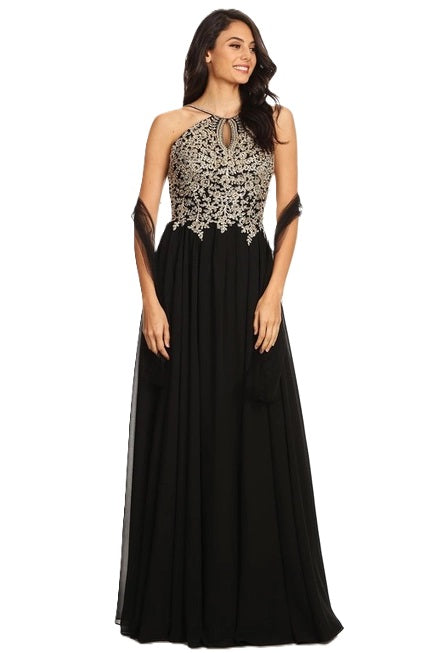 Anny Lee Fit and Flair Formal Dress with Gold Applique.