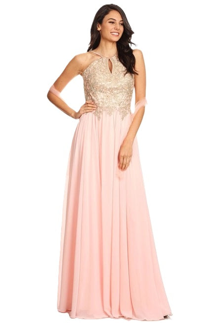 Anny Lee Fit and Flair Formal Dress with Gold Applique.