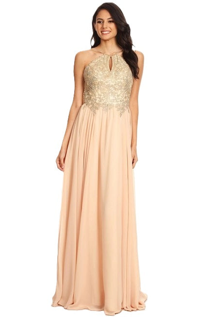 Anny Lee Fit and Flair Formal Dress with Gold Applique.