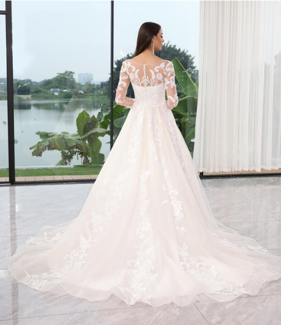 Back view of Denise Princess Wedding Gown with Long Lace Sleeves and Glitter Tulle.