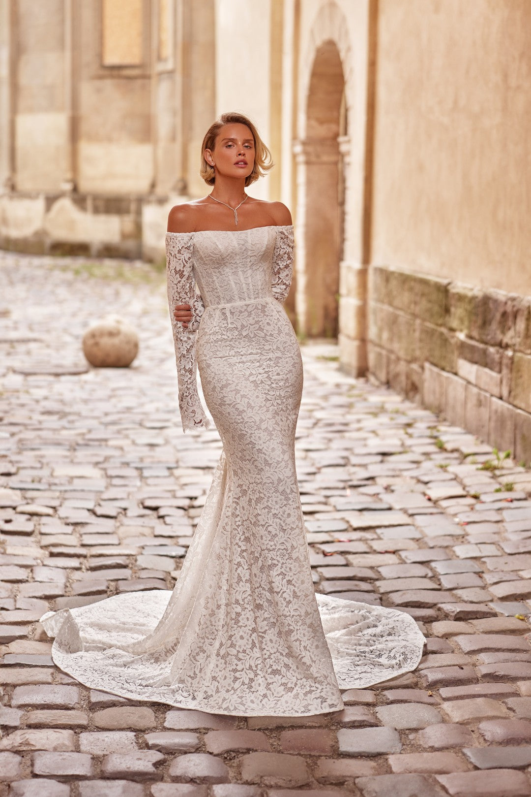 Bride wearing Gold Top Bridal Gown – Corset Lace Mermaid Wedding Dress by Nataliya Vilchuk