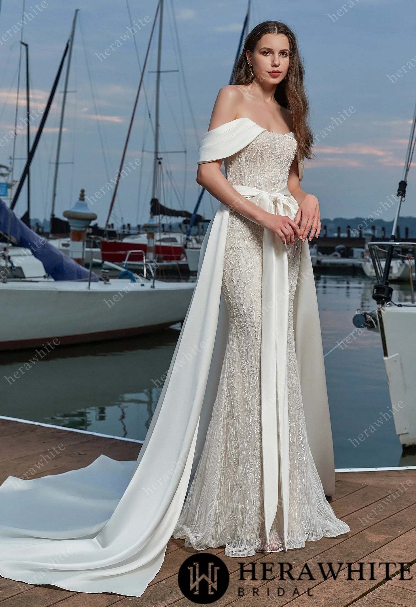 Sensual fit-and-flare wedding dress with detachable train
