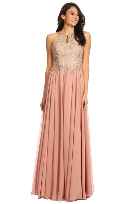 Anny Lee Fit and Flair Formal Dress with Gold Applique.