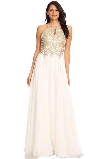 Anny Lee Fit and Flair Formal Dress with Gold Applique.