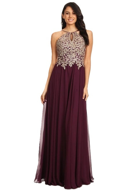 Anny Lee Fit and Flair Formal Dress with Gold Applique.