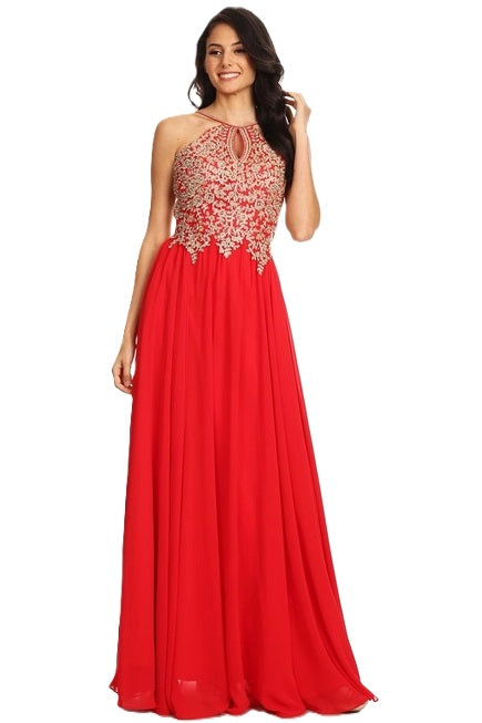 Anny Lee Fit and Flair Formal Dress with Gold Applique.