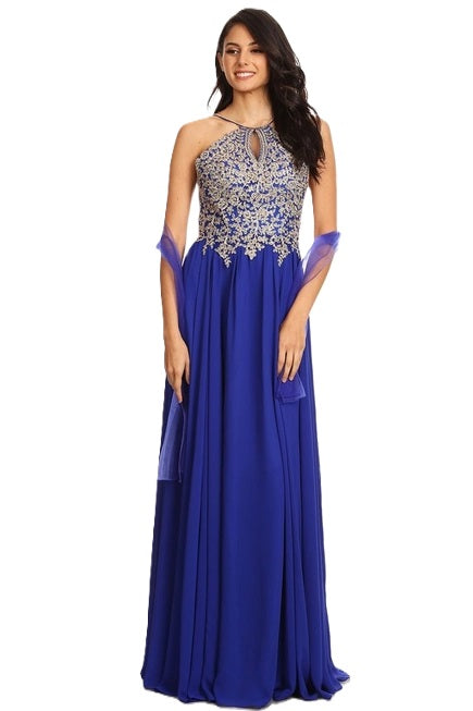 Anny Lee Fit and Flair Formal Dress with Gold Applique.