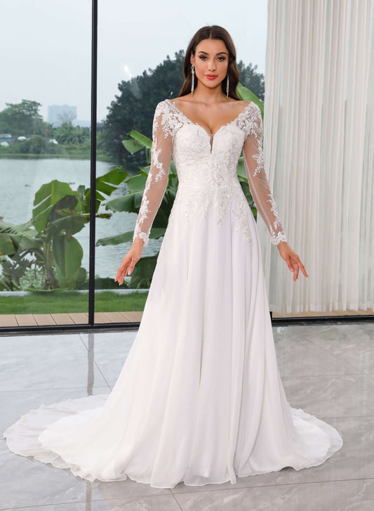 Model wearing Gorgeous Long Sleeves Chiffon and Lace Wedding Gown