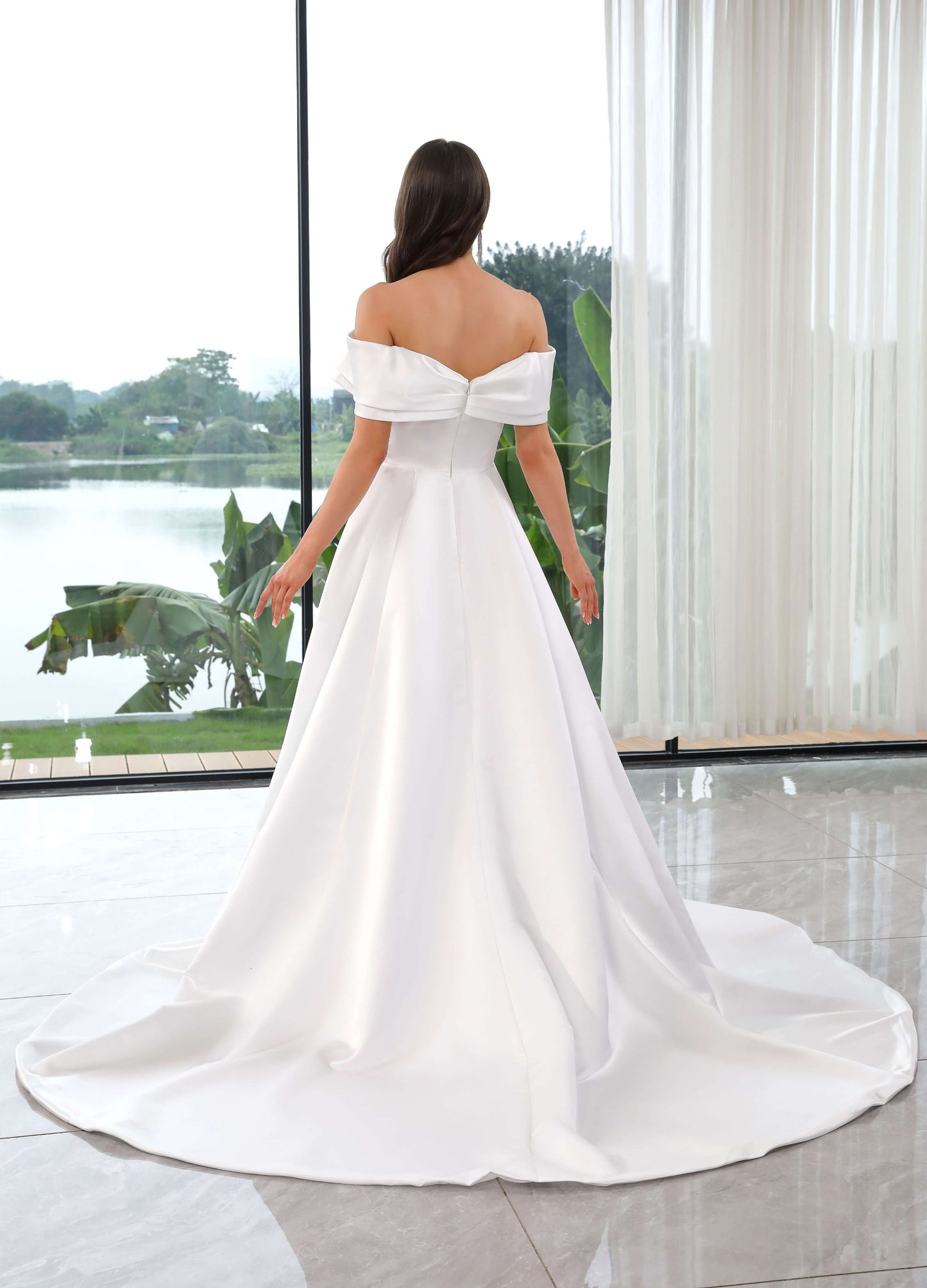 Satin Aline Gown featuring a flattering off-the-shoulder bateau neckline- Back view