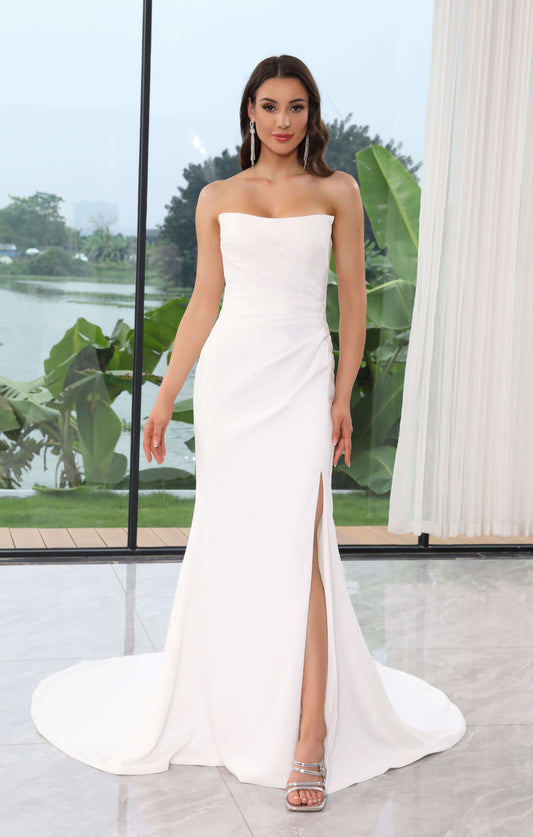 Model wearing an Elegant Fit & Flare Crepe Mermaid Gown