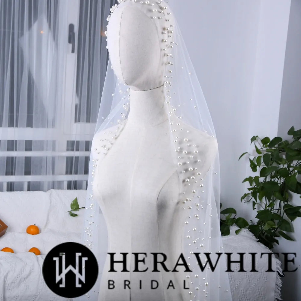 Herawhite Bridal Waterfall Cathedral Pearl Wedding Veil