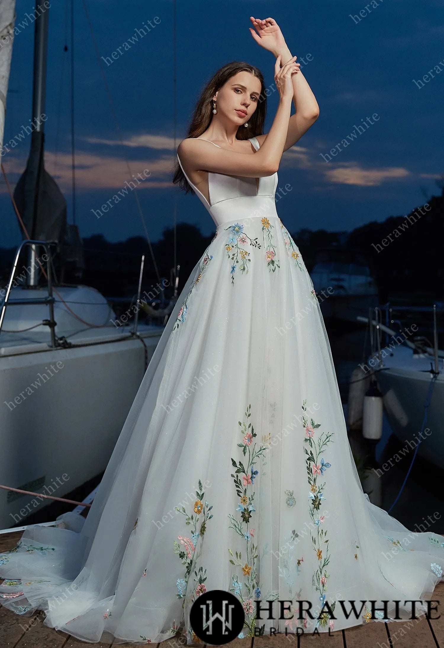 Tiered glitter tulle wedding dress with colorful hem