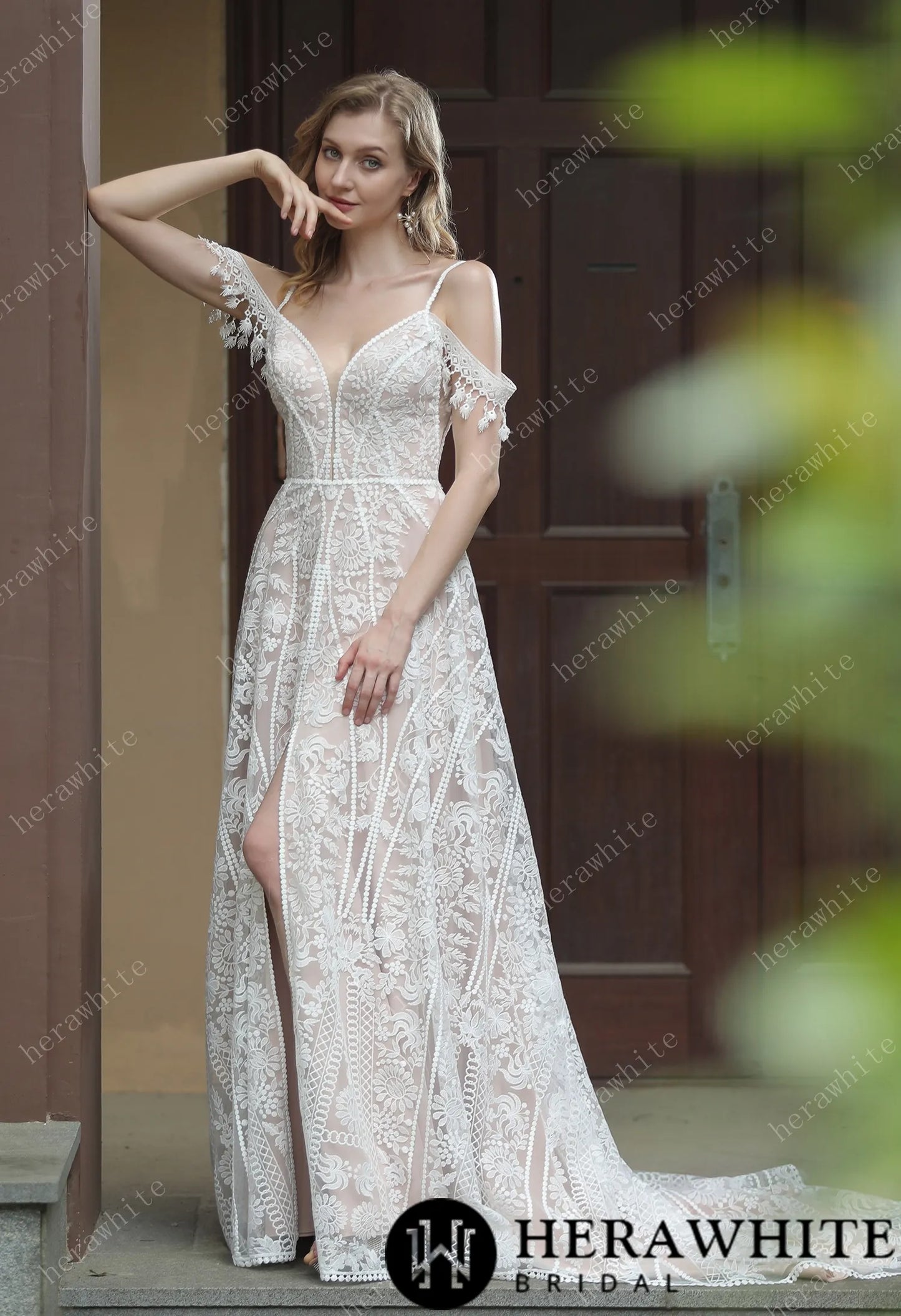 Beach Bohemian Lace Plunge Neckline Wedding Dress