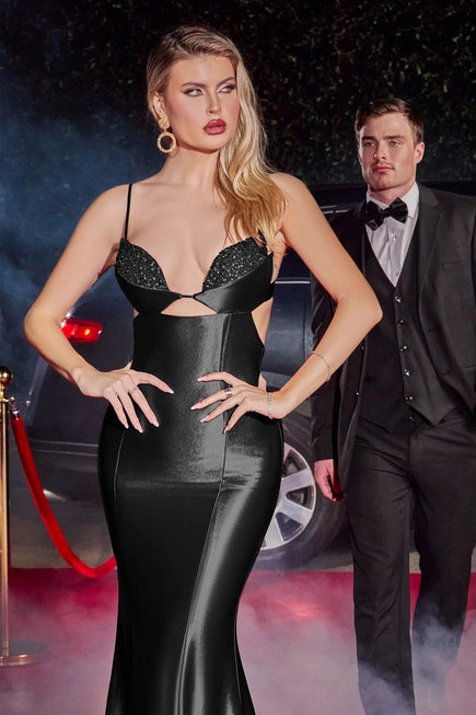 Satin Cut Out Gown with Embellishment Prom Dress