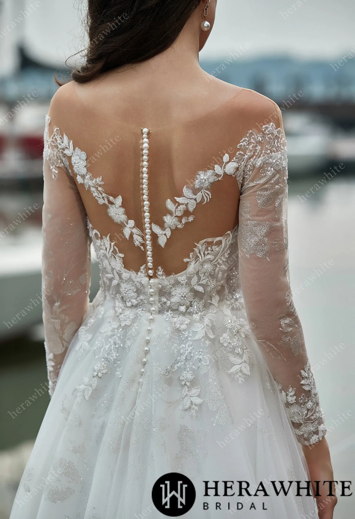 Love gown long sleeve lace wedding dress with illusion back