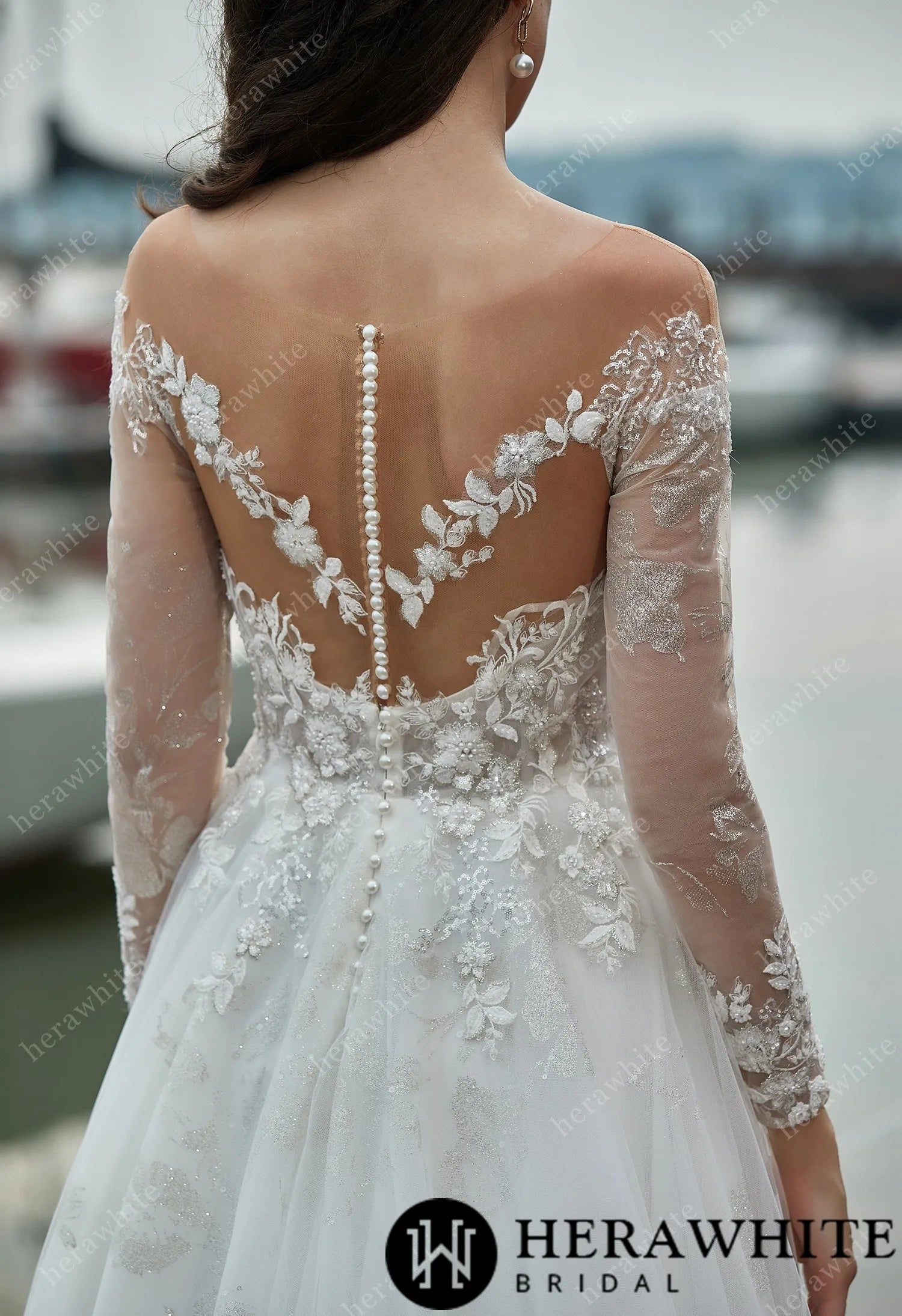 Love gown long sleeve lace wedding dress with illusion back