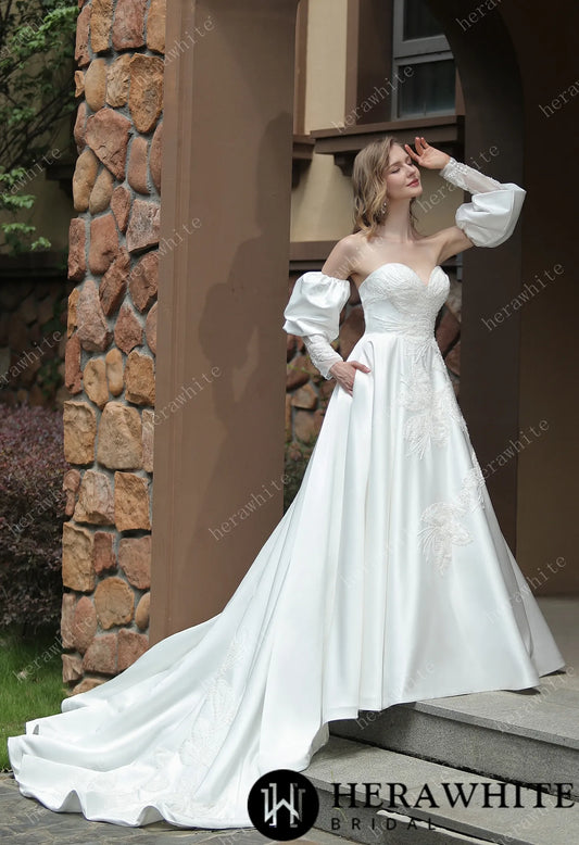 Sweetheart Satin Detachable Puff Sleeves Wedding Dress.
