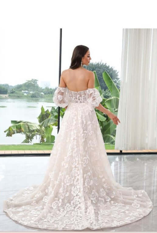 Fairy Flower Lace A-line Bridal Gown with detachable sleeves- Back view